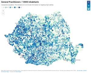 Map showing the number of GPs per 100,000 inhabitants in Romania