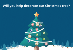 An image of a Christmas tree with some ornaments with the global from the Wemos logo on them. It reads: Will you help decorate our Christmas tree?