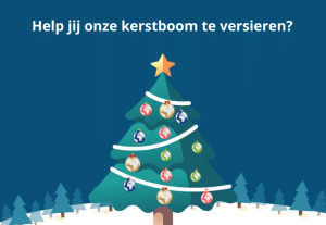 Een plaatje van een kerstboom met ballen erin met de wereldbol uit het Wemos-logo. Met de tekst: Help jij onze kerstboom te versieren?